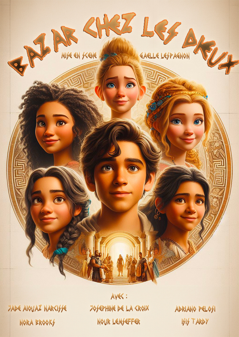 Affiche colorée présentant des personnages de style animé, entourés de motifs mystiques.