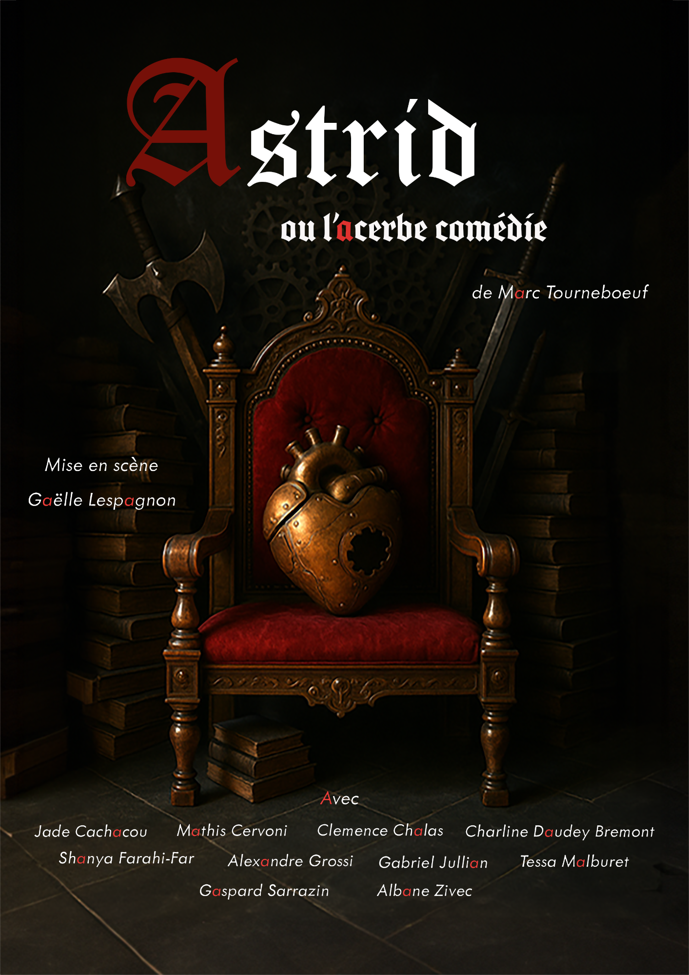 Une chaise royale avec un casque médiéval et une épée, sur fond sombre.