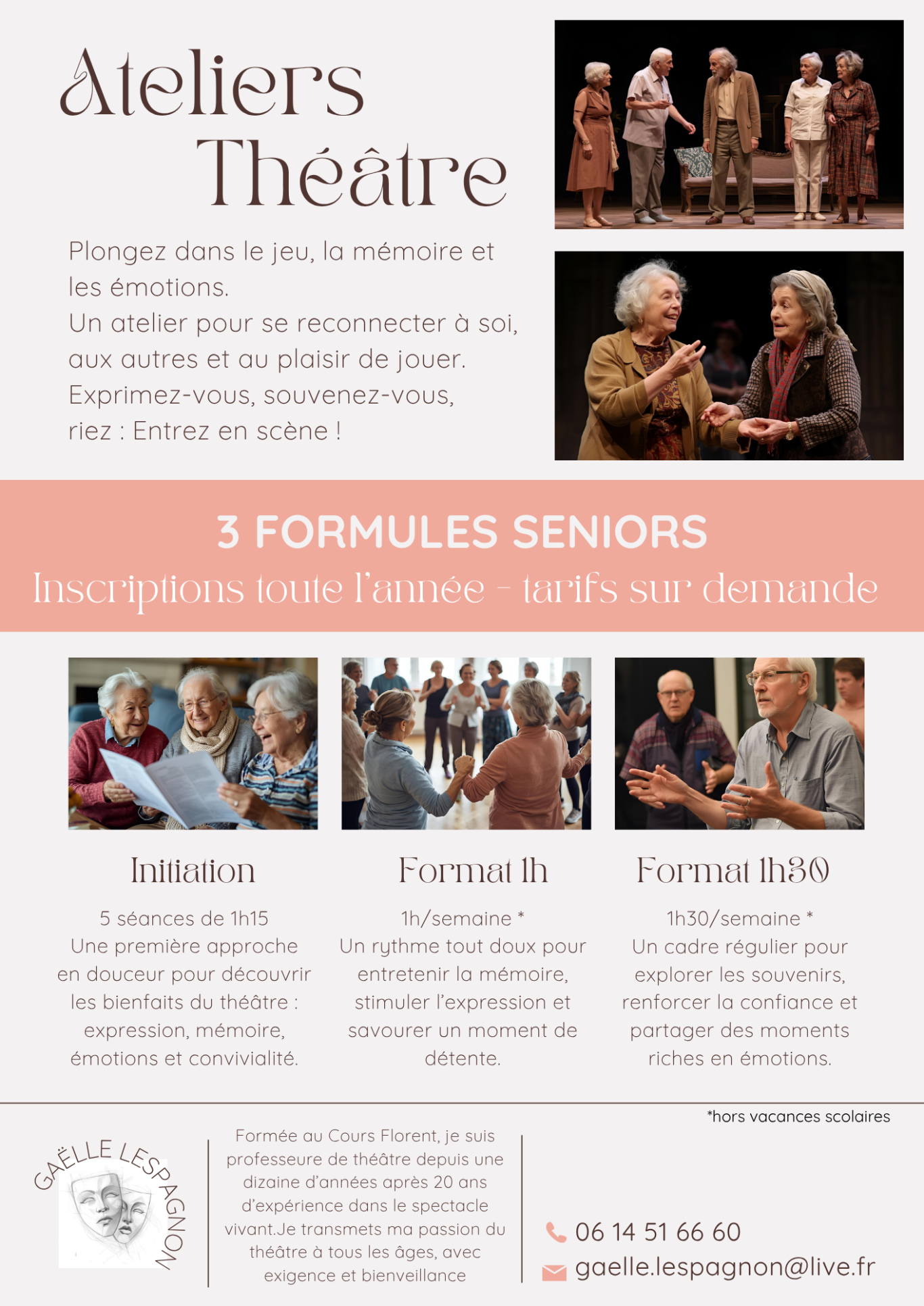 Ateliers de théâtre pour seniors avec photos de performances et participants.