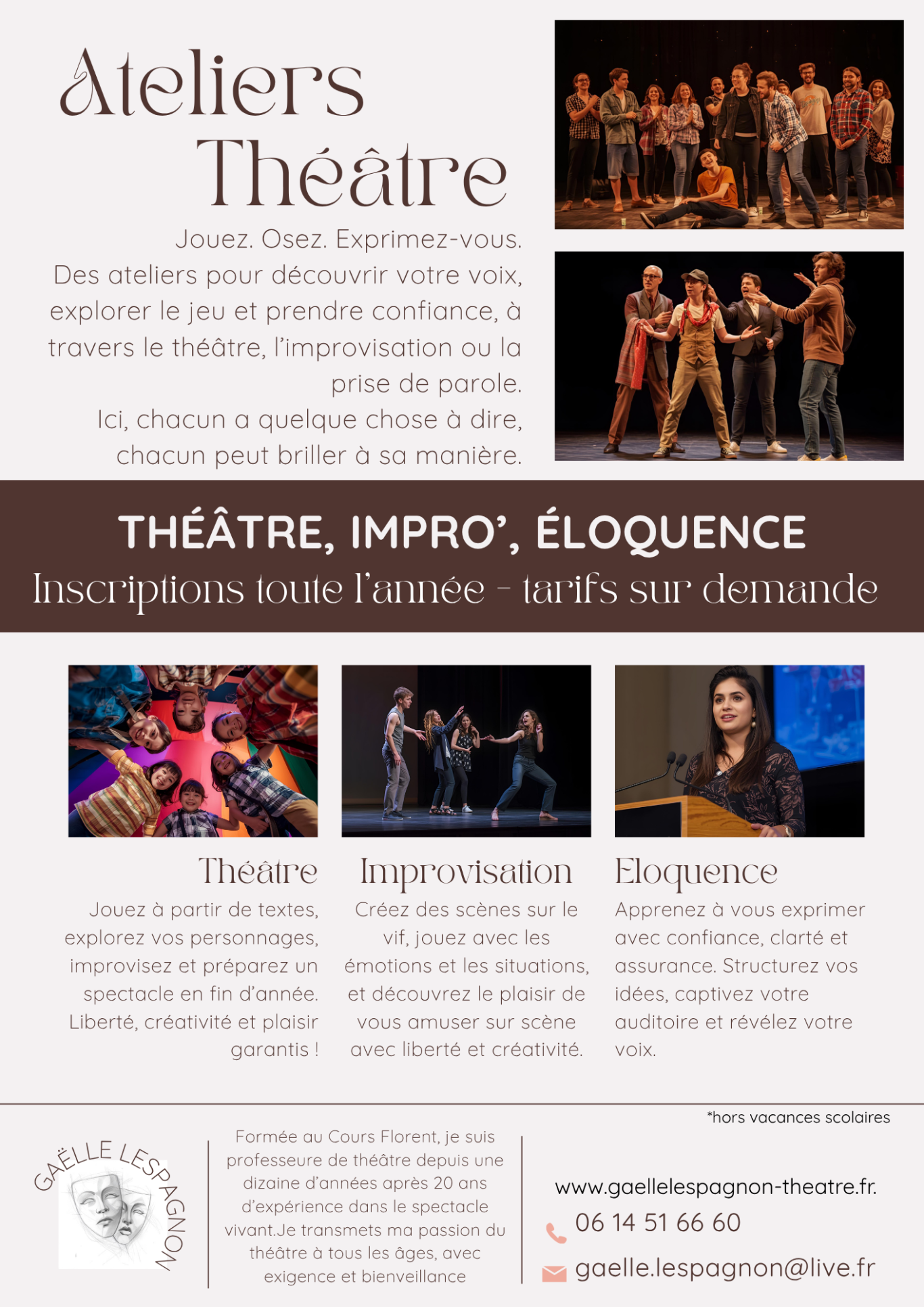 Affiche des ateliers de théâtre, incluant des activités comme l'impro et l'éloquence.