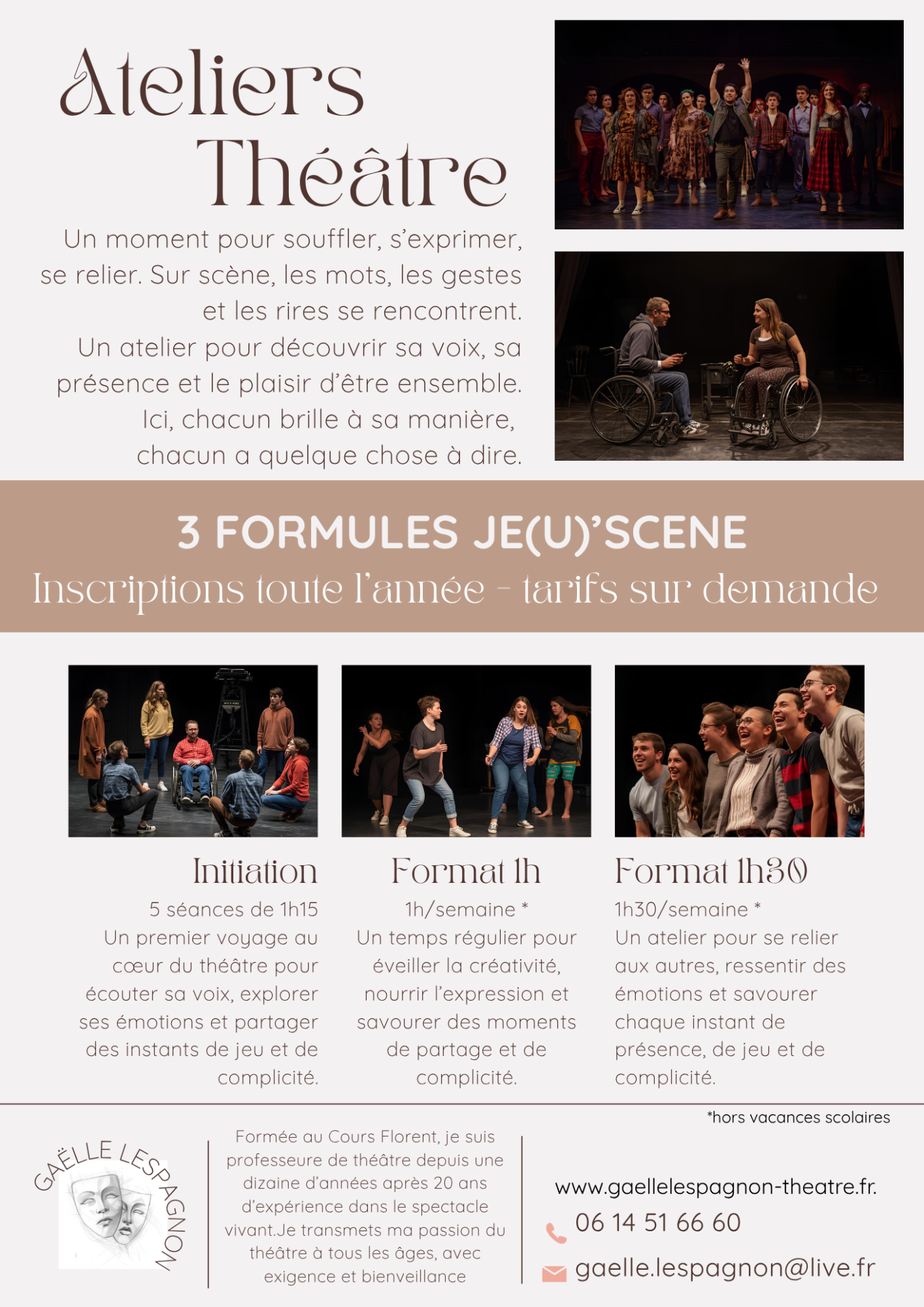 Annonce pour des ateliers de théâtre avec des photos de participants et informations de contact.