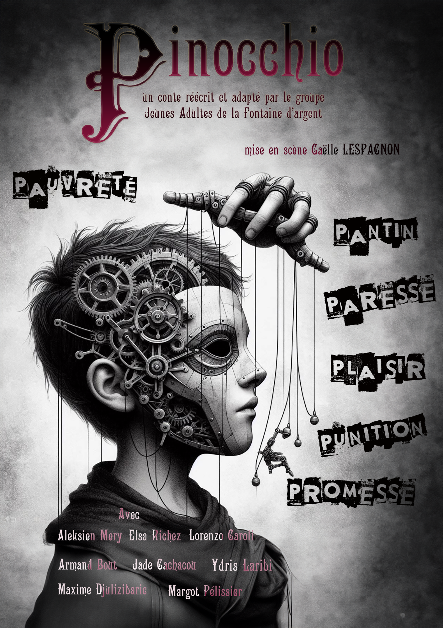 Une illustration de Pinocchio avec un jeune garçon stylisé et des engrenages visibles.